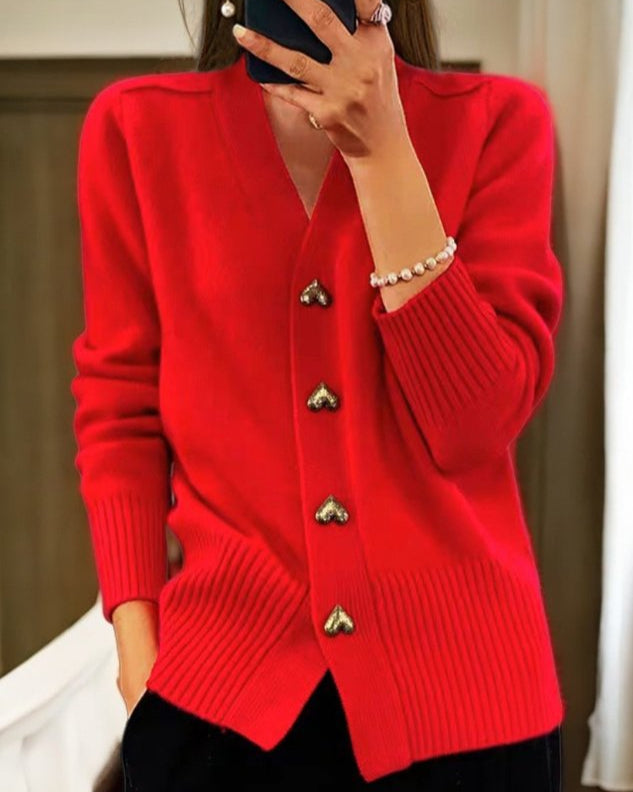Knit V-Neck Cardigan with Heart Buttons – Long Sleeve Button-Down
