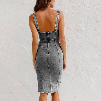 Stretch Denim Bodycon Midi Dress – Sleeveless Side Slit Scoop Neck