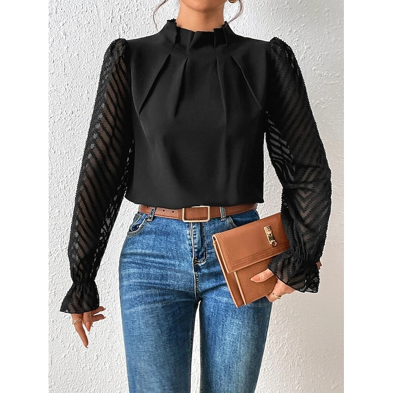 Pleated Mock Neck Blouse – Sheer Lace Sleeve Long Sleeve Top