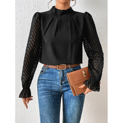 Pleated Mock Neck Blouse – Sheer Lace Sleeve Long Sleeve Top