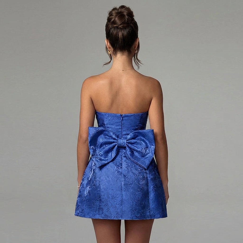 Jacquard Strapless Mini Dress – Bow Back A-Line Cocktail Dress
