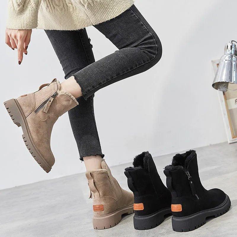 Fur Lined Suede Ankle Snow Boots – Platform Lug Sole Side Zip
