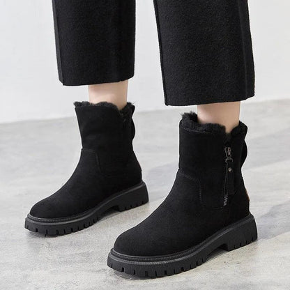 Fur Lined Suede Ankle Snow Boots – Platform Lug Sole Side Zip