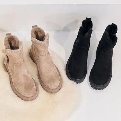 Fur Lined Suede Ankle Snow Boots – Platform Lug Sole Side Zip