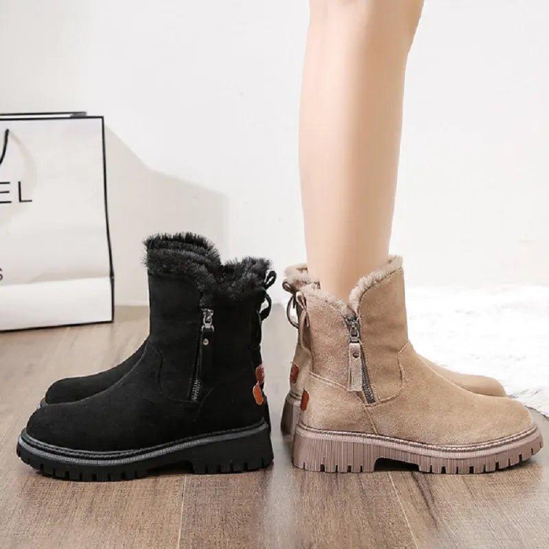 Fur Lined Suede Ankle Snow Boots – Platform Lug Sole Side Zip