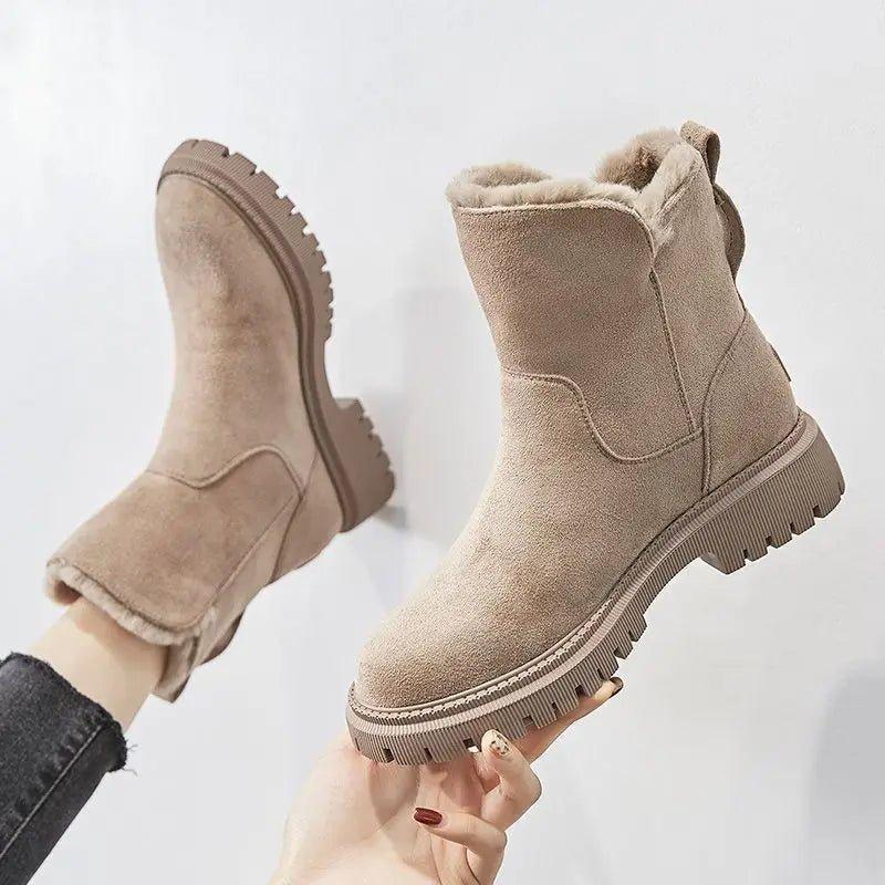 Fur Lined Suede Ankle Snow Boots – Platform Lug Sole Side Zip