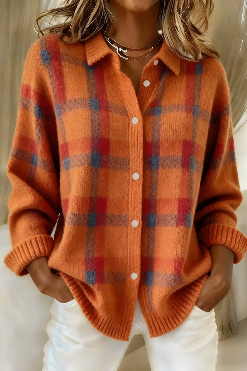 Plaid Knit Cardigan – Oversized Button-Front Long Sleeve