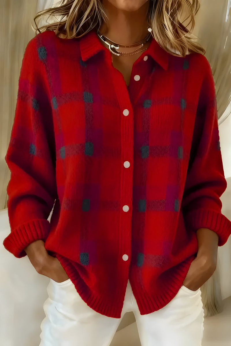 Plaid Knit Cardigan – Oversized Button-Front Long Sleeve