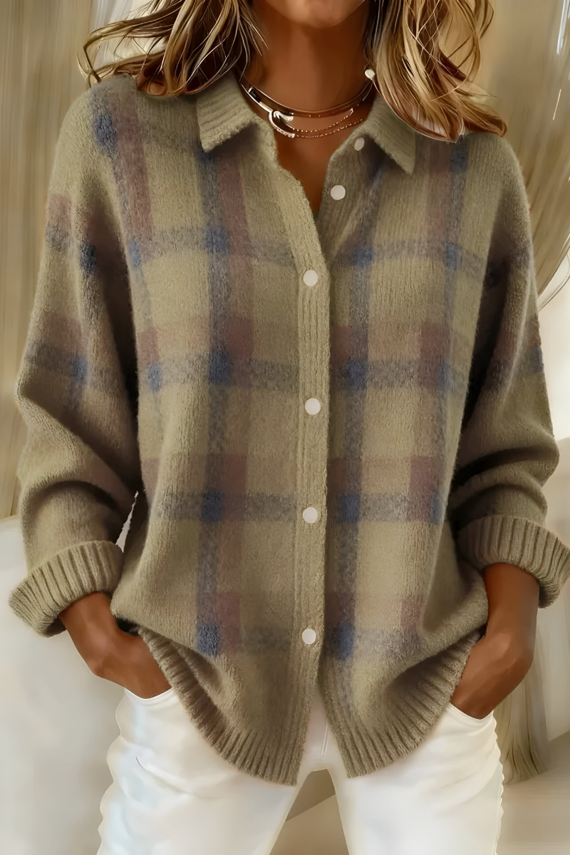 Plaid Knit Cardigan – Oversized Button-Front Long Sleeve