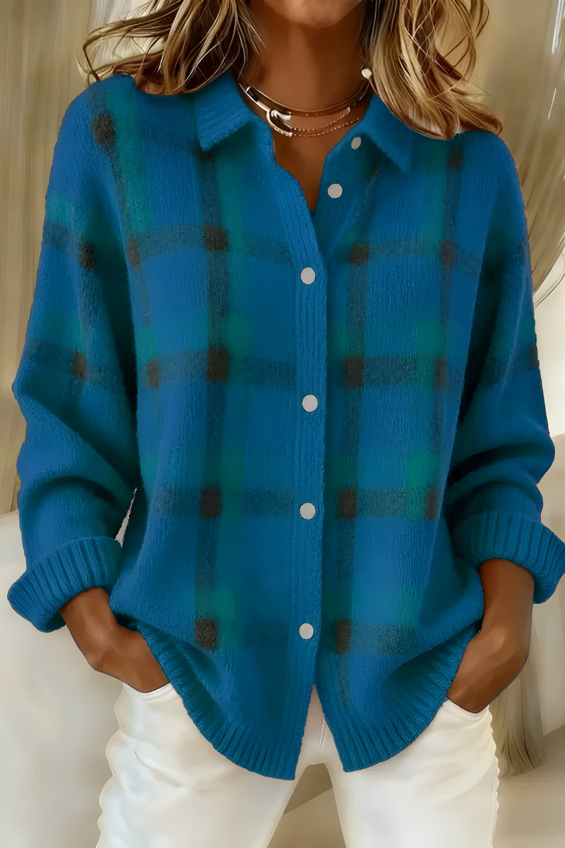Plaid Knit Cardigan – Oversized Button-Front Long Sleeve