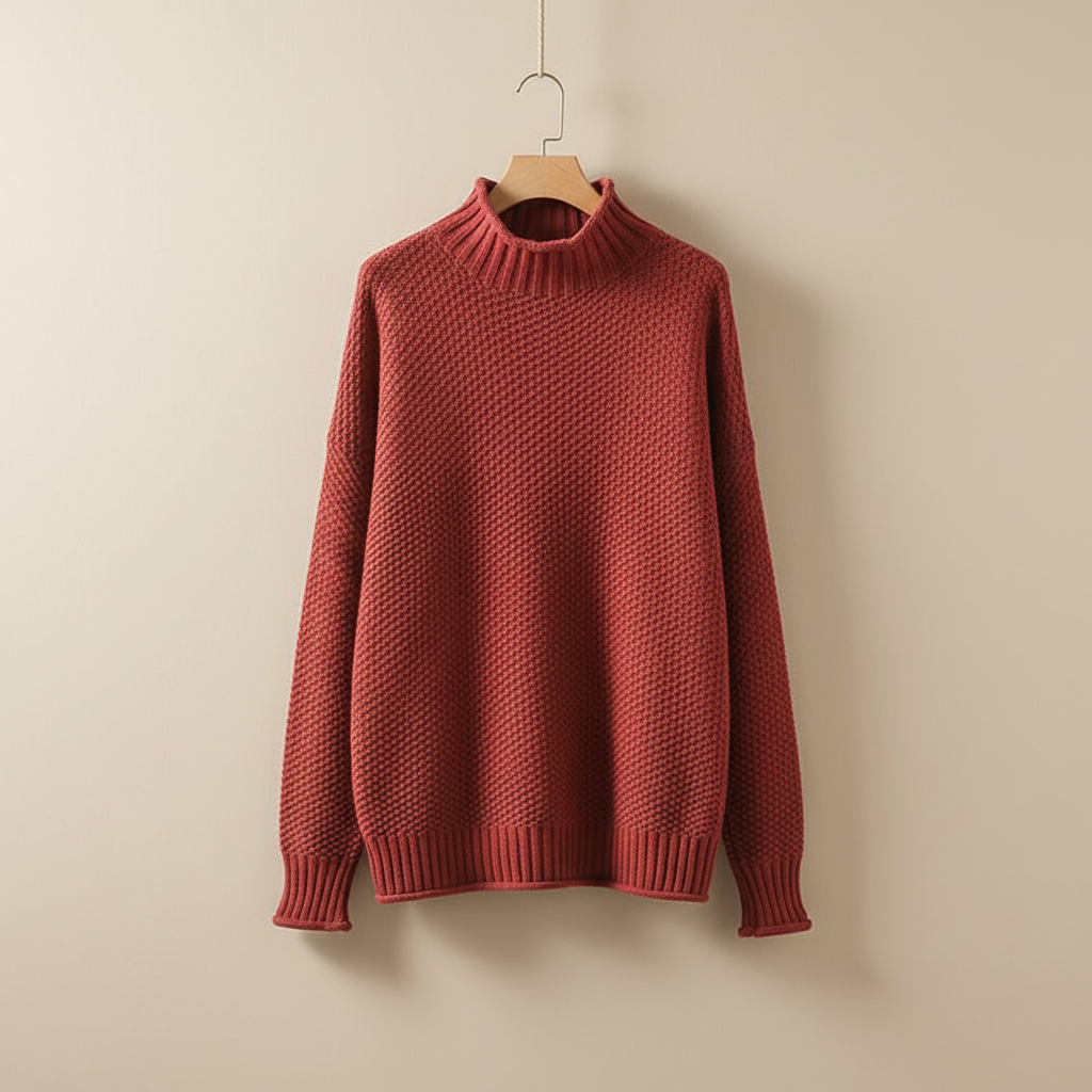 Mock Neck Knit Pullover Sweater – Oversized Textured Waffle Knit