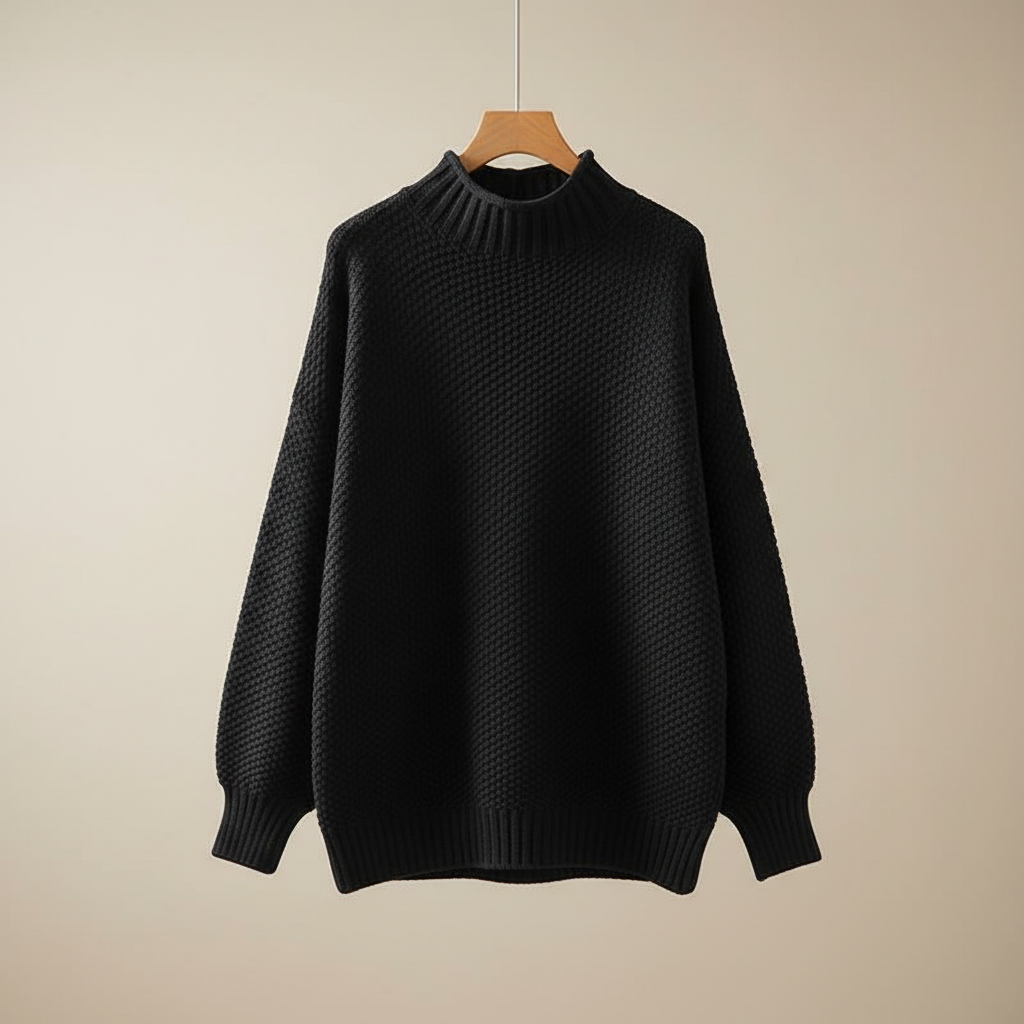 Mock Neck Knit Pullover Sweater – Oversized Textured Waffle Knit