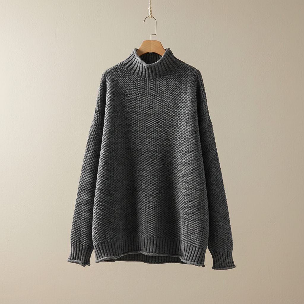 Mock Neck Knit Pullover Sweater – Oversized Textured Waffle Knit