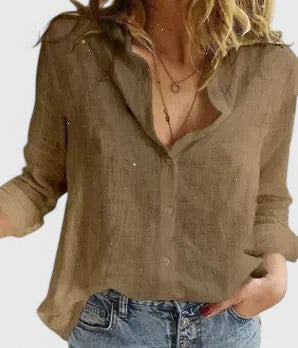 Linen Button-Down Shirt – Women's Long Sleeve Collared Blouse