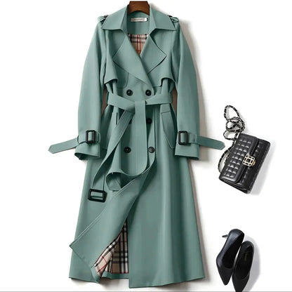 Double Breasted Long Trench Coat – Belted Lapel Coat for Women
