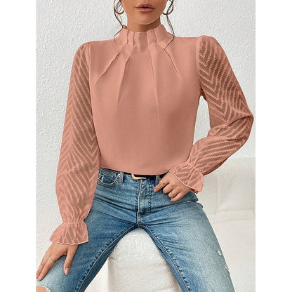 Pleated Mock Neck Blouse – Sheer Lace Sleeve Long Sleeve Top