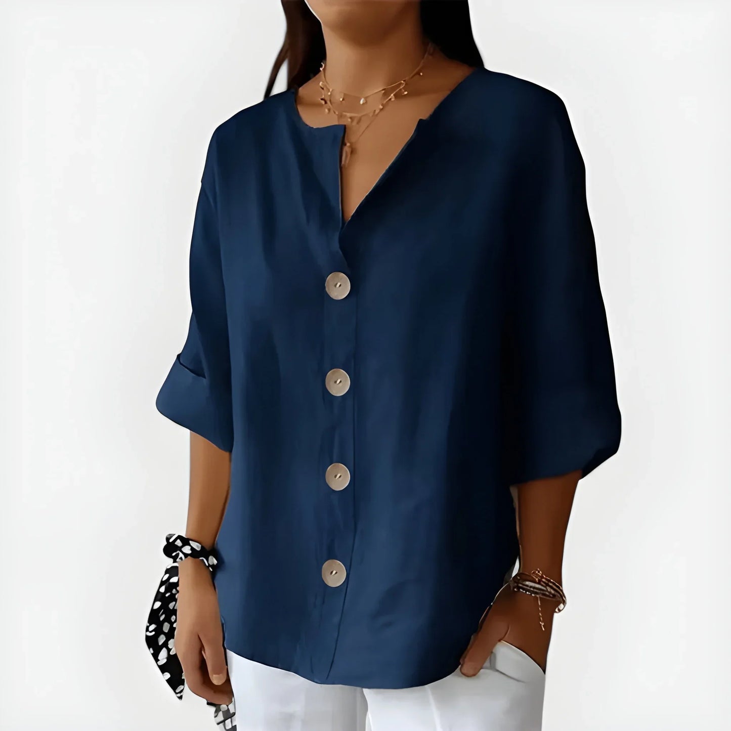 Women's V-Neck Button-Down Blouse – Loose Fit 3/4 Sleeve Summer Top