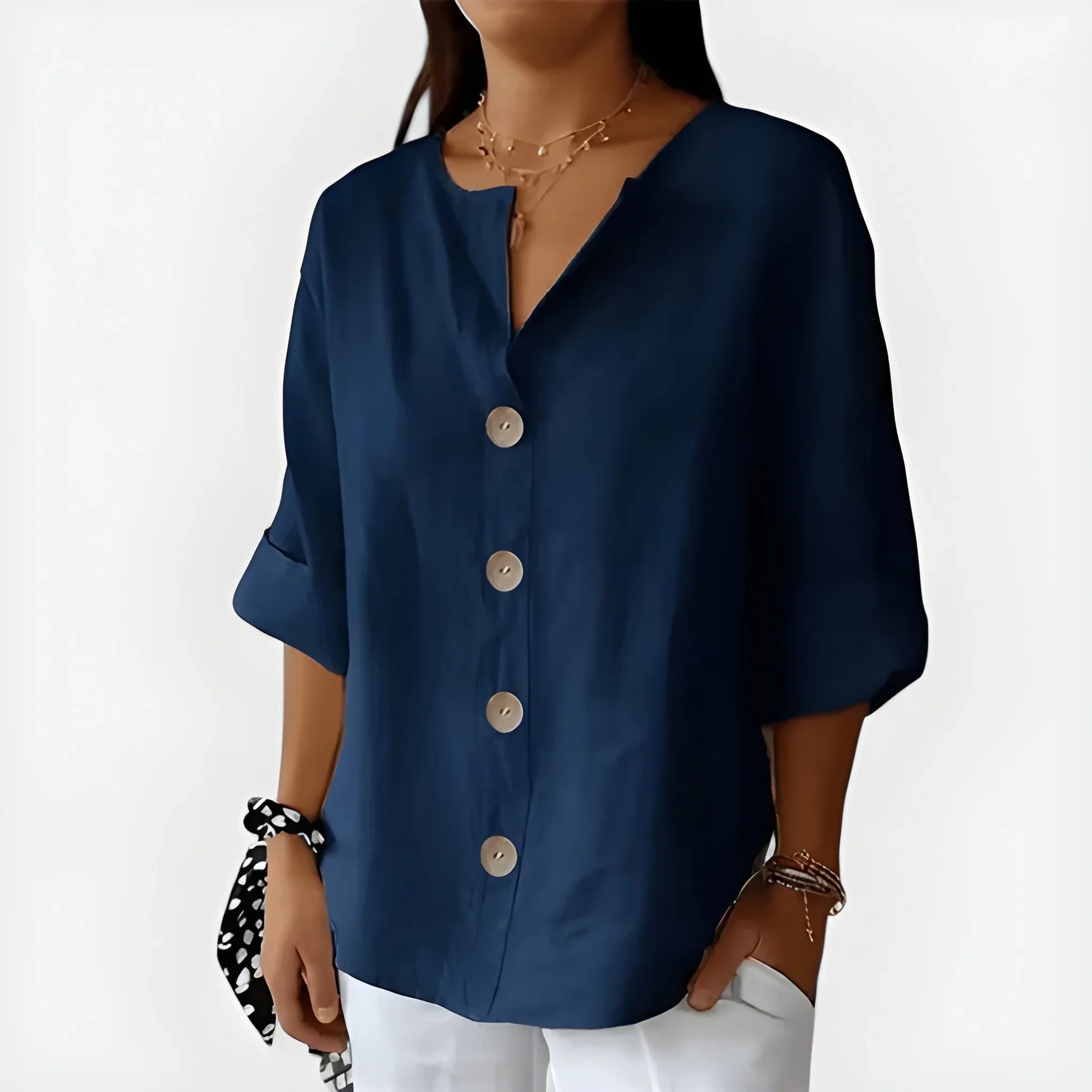 Women's V-Neck Button-Down Blouse – Loose Fit 3/4 Sleeve Summer Top