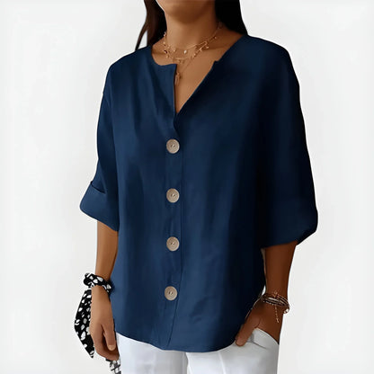 Women's V-Neck Button-Down Blouse – Loose Fit 3/4 Sleeve Summer Top