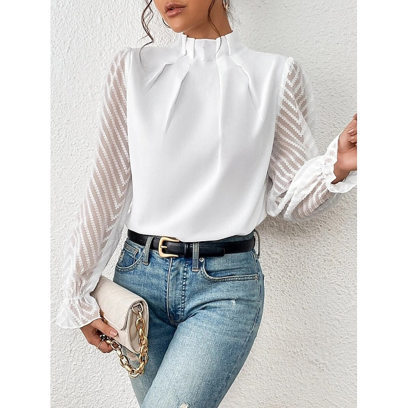 Pleated Mock Neck Blouse – Sheer Lace Sleeve Long Sleeve Top