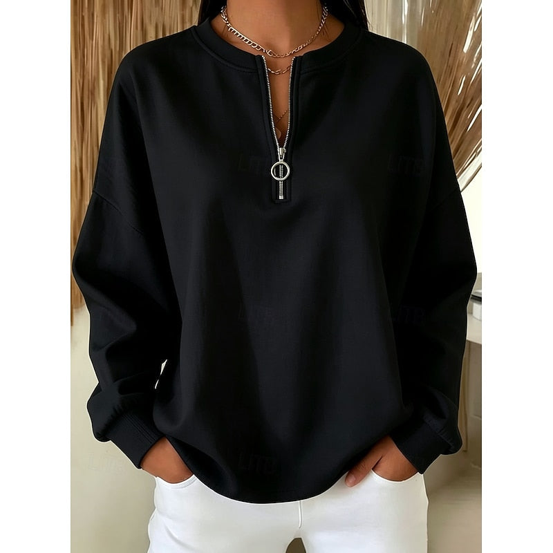 Quarter Zip Pullover Sweatshirt – Oversized Long Sleeve Casual Top