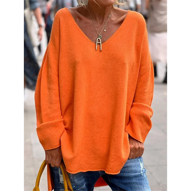 Oversized V-Neck Knit Pullover – Batwing Long Sleeve Side Slit Top