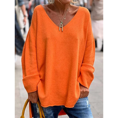Oversized V-Neck Knit Pullover – Batwing Long Sleeve Side Slit Top