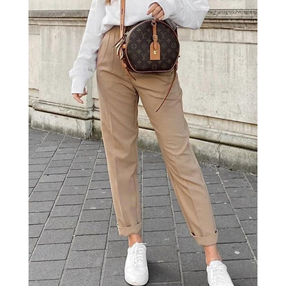 High-Waisted Pleated Straight-Leg Trousers – Tailored Work Pants