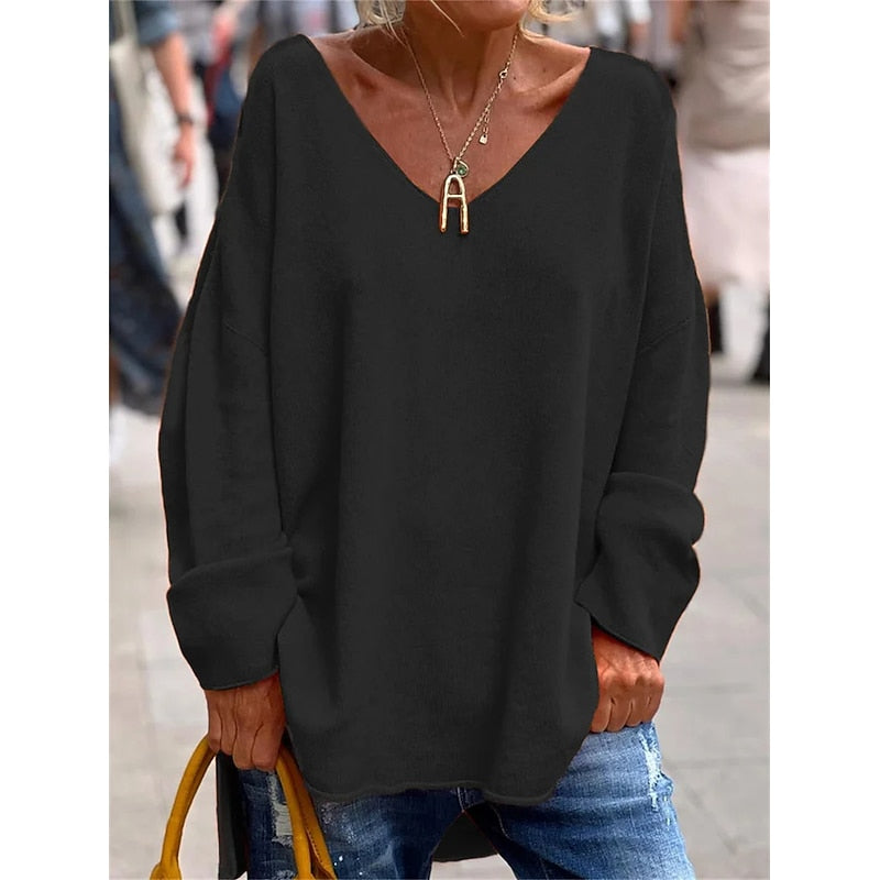 Oversized V-Neck Knit Pullover – Batwing Long Sleeve Side Slit Top