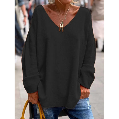 Oversized V-Neck Knit Pullover – Batwing Long Sleeve Side Slit Top