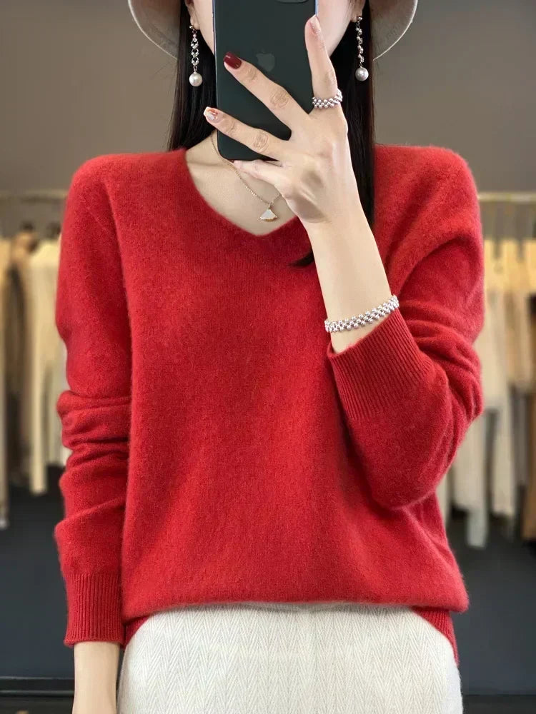 V-Neck Knit Pullover Sweater – Relaxed Fit Long Sleeve Jumper