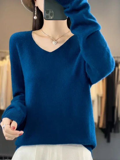 V-Neck Knit Pullover Sweater – Relaxed Fit Long Sleeve Jumper