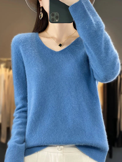 V-Neck Knit Pullover Sweater – Relaxed Fit Long Sleeve Jumper