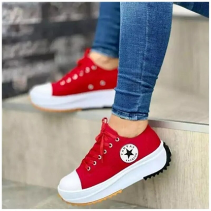 Women's Canvas Platform Sneakers – Lace-Up Low Top Star Patch