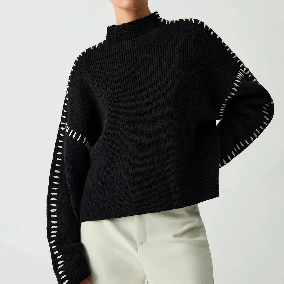 Oversized Mock Neck Sweater – Chunky Knit Whipstitch Trim