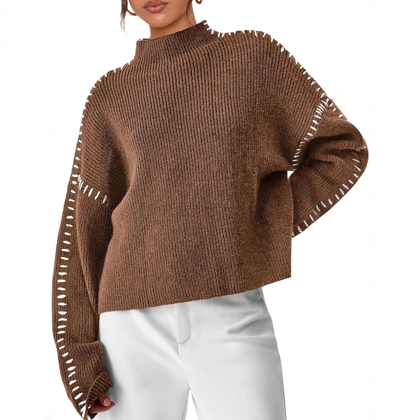 Oversized Mock Neck Sweater – Chunky Knit Whipstitch Trim