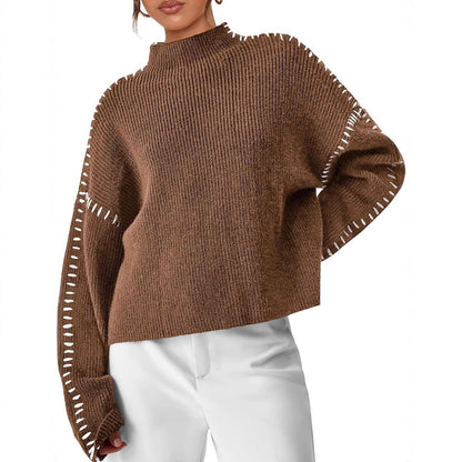 Oversized Mock Neck Sweater – Chunky Knit Whipstitch Trim