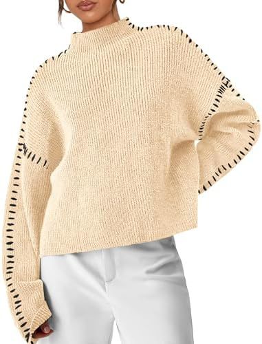 Oversized Mock Neck Sweater – Chunky Knit Whipstitch Trim