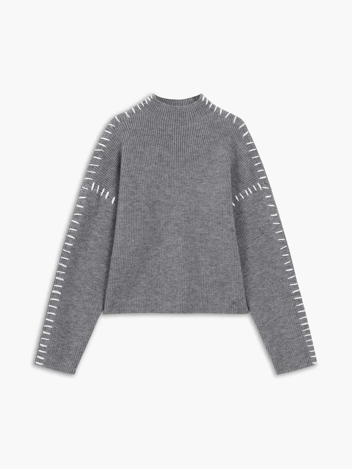 Oversized Mock Neck Sweater – Chunky Knit Whipstitch Trim