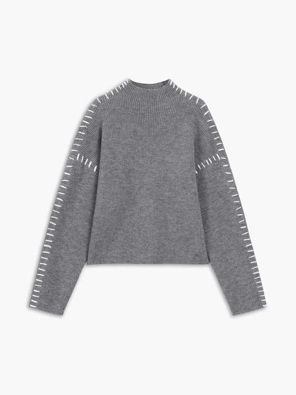 Oversized Mock Neck Sweater – Chunky Knit Whipstitch Trim