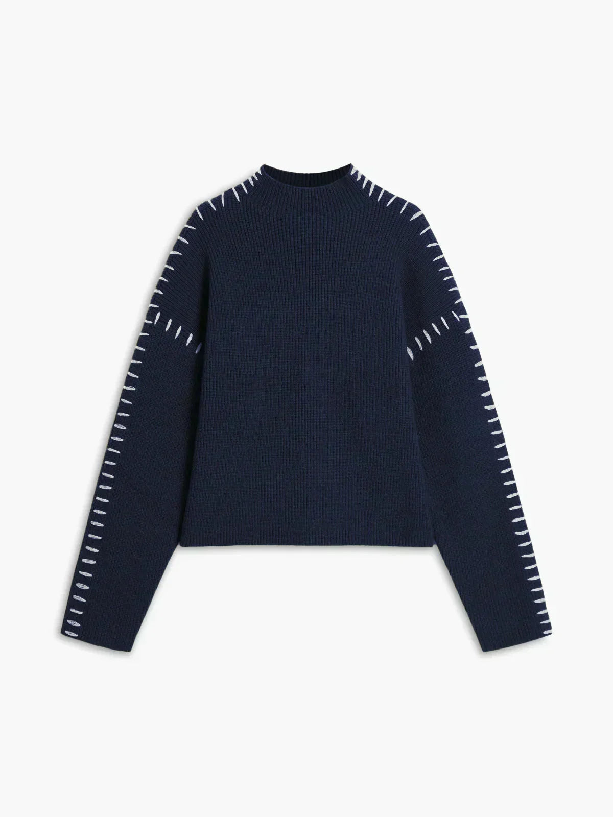 Oversized Mock Neck Sweater – Chunky Knit Whipstitch Trim