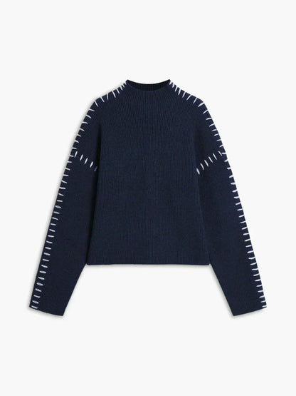 Oversized Mock Neck Sweater – Chunky Knit Whipstitch Trim