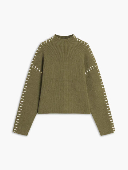 Oversized Mock Neck Sweater – Chunky Knit Whipstitch Trim