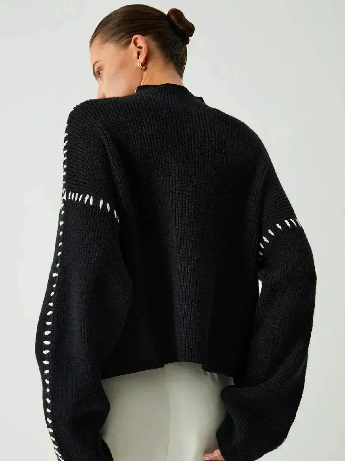 Oversized Mock Neck Sweater – Chunky Knit Whipstitch Trim