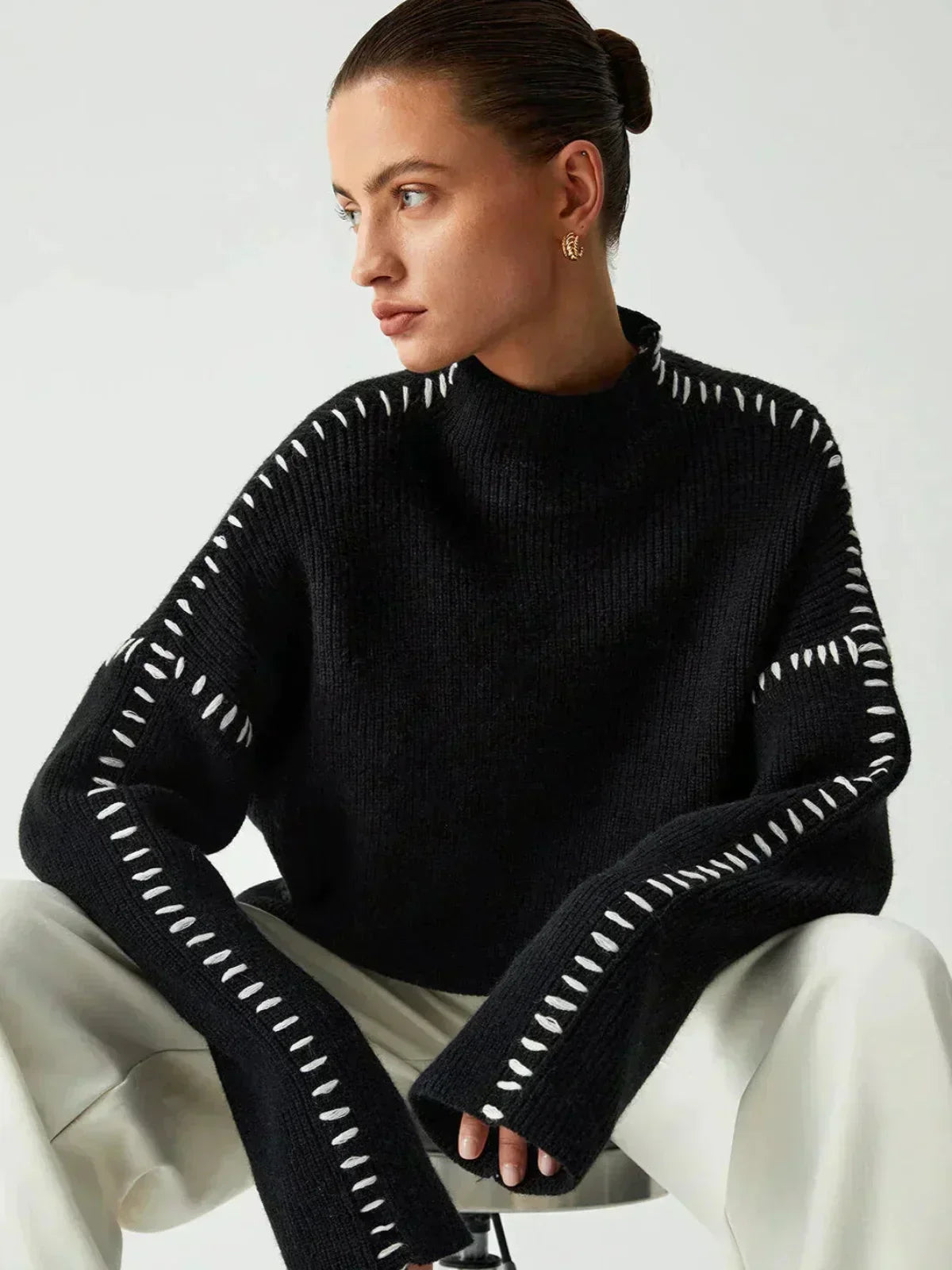 Oversized Mock Neck Sweater – Chunky Knit Whipstitch Trim