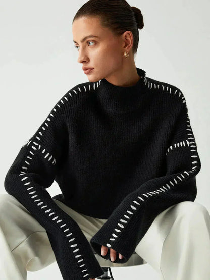 Oversized Mock Neck Sweater – Chunky Knit Whipstitch Trim