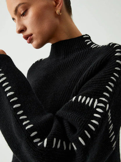 Oversized Mock Neck Sweater – Chunky Knit Whipstitch Trim