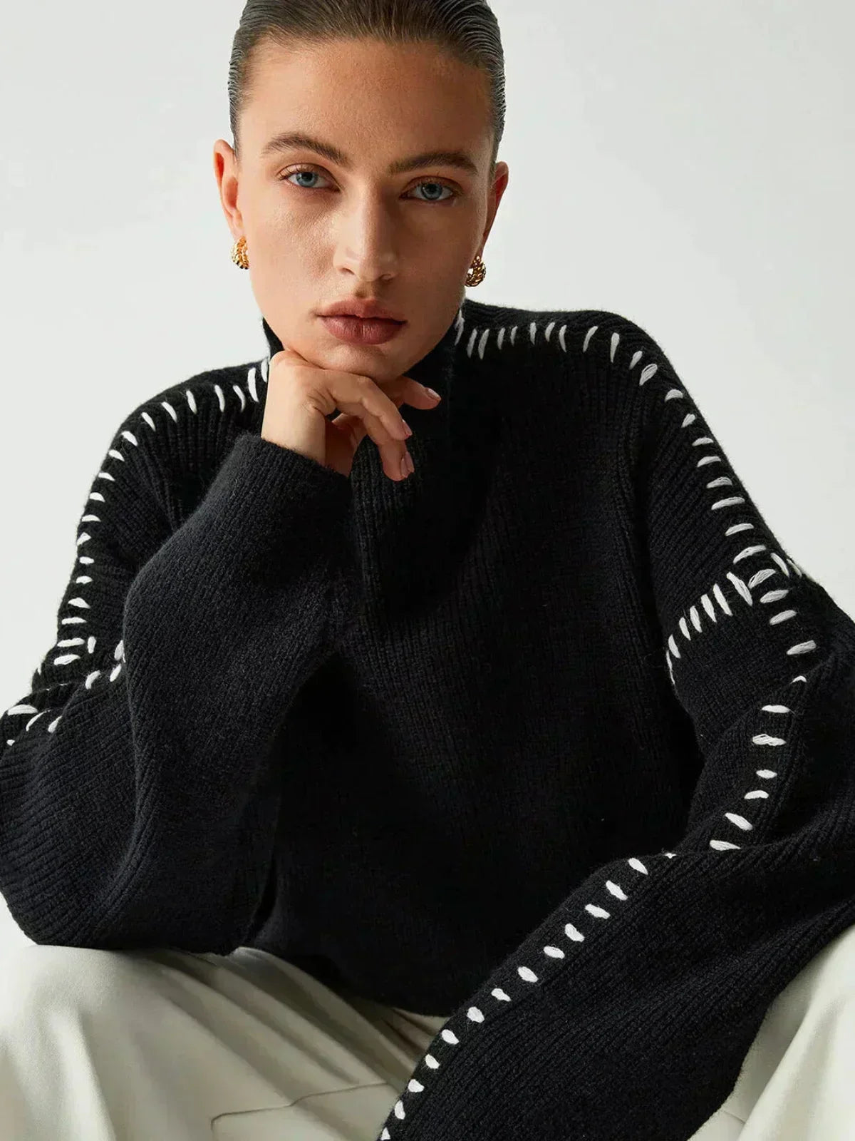 Oversized Mock Neck Sweater – Chunky Knit Whipstitch Trim