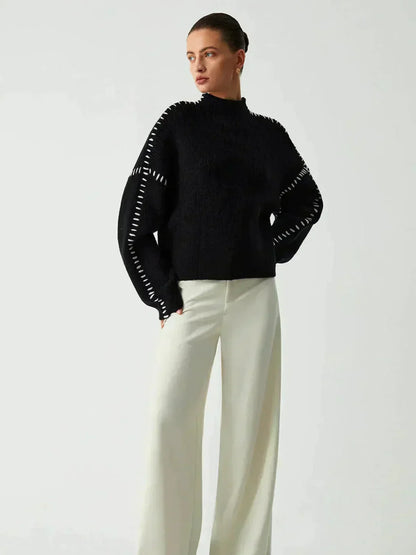 Oversized Mock Neck Sweater – Chunky Knit Whipstitch Trim