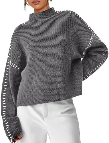 Oversized Mock Neck Sweater – Chunky Knit Whipstitch Trim